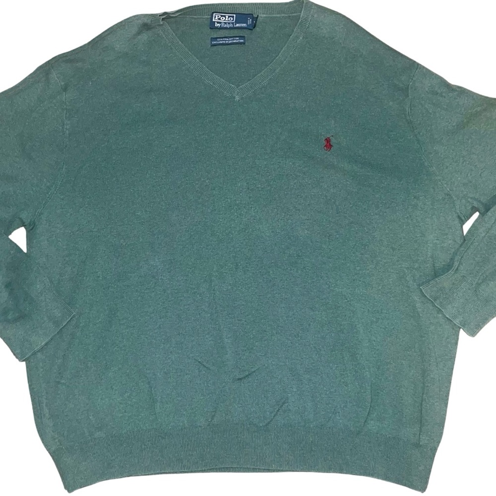 Polo Ralph Lauren Men’s‎ V-Neck Sweater Green Red Pony Logo XL 100% Pima Cotton